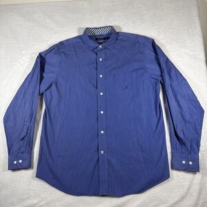 Nautica Men's L‎ 80s Blue Vertical Stripe Oxford Prep Long Sleeve Shirt